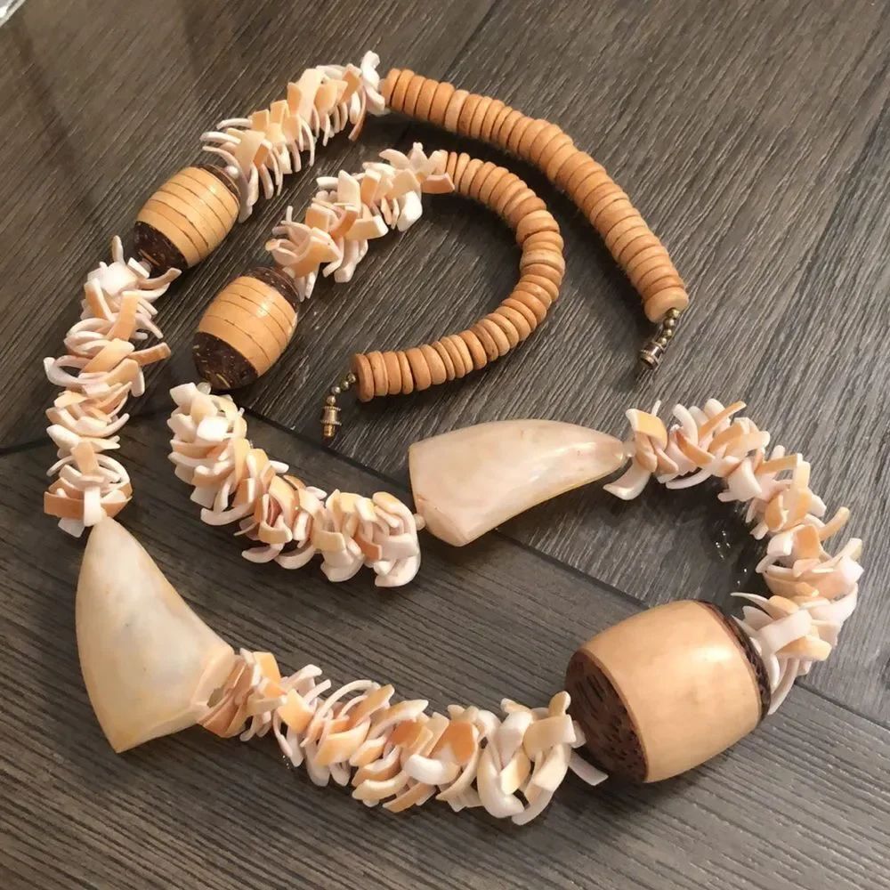 Vintage Shell and Wood Bead Necklace Tropical Vibe